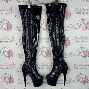 Thigh high heel boots shiny exotic dance Black Patent Leather Thigh-High Boots